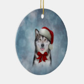 サンタクロースの赤い帽子をかぶったハスキー犬 セラミックオーナメント (右)