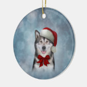 サンタクロースの赤い帽子をかぶったハスキー犬 セラミックオーナメント (左)