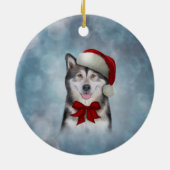サンタクロースの赤い帽子をかぶったハスキー犬 セラミックオーナメント (裏面)