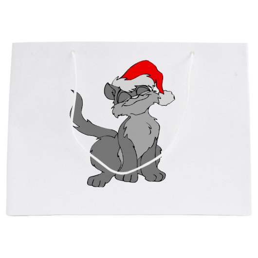 サンタクロースの赤い帽子をかぶった猫 ラージペーパーバッグ (正面)