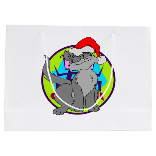 サンタクロースの赤い帽子をかぶった猫 ラージペーパーバッグ (裏面)