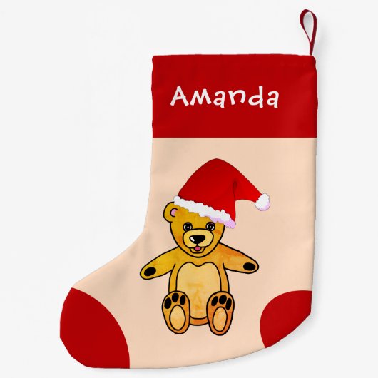 サンタクロースの赤い帽子キッズと可愛いテディベア スモールクリスマスストッキング (裏面)