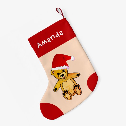 サンタクロースの赤い帽子キッズと可愛いテディベア スモールクリスマスストッキング (裏面 (吊り時))