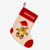 サンタクロースの赤い帽子キッズと可愛いテディベア スモールクリスマスストッキング (正面 (吊り時))