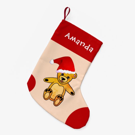 サンタクロースの赤い帽子キッズと可愛いテディベア スモールクリスマスストッキング (正面 (吊り時))