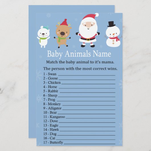 サンタクロースの赤ちゃん動物名ゲーム赤ちゃんシャワー (正面/裏面)