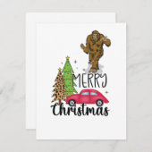 サンタクロースの足跡とクリスマスツリーと赤い車 シーズンカード (正面/裏面)