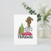 サンタクロースの足跡と一緒にメリークリスマスの木と赤い車 シーズンカード (スタンド正面)