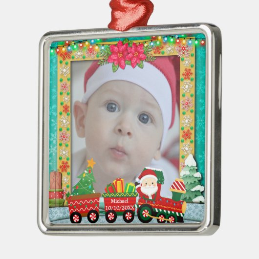 サンタクロースの電車とクリスマスかわいい写真 メタルオーナメント (左)