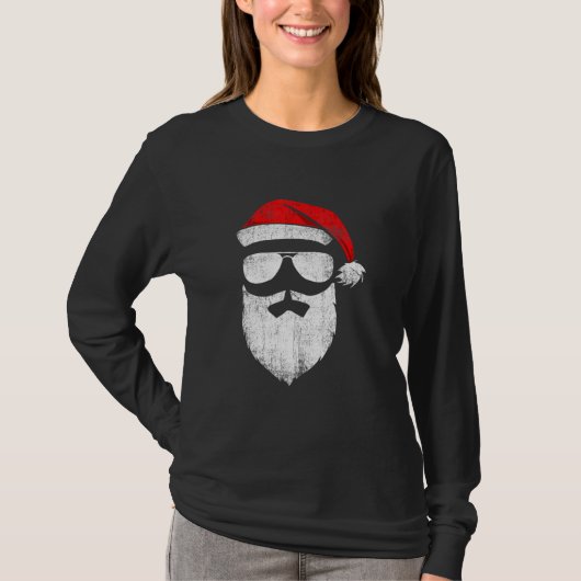 サンタクロースの顔のサングラス 帽子 ひげ クリスマス Tシャツ (正面)