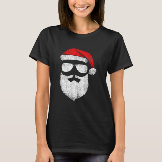 サンタクロースの顔のサングラス 帽子 ひげ クリスマス Tシャツ (正面)