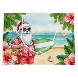 サンタクロースの7月のビーチサーファーでのクリスマス ラージペーパーバッグ