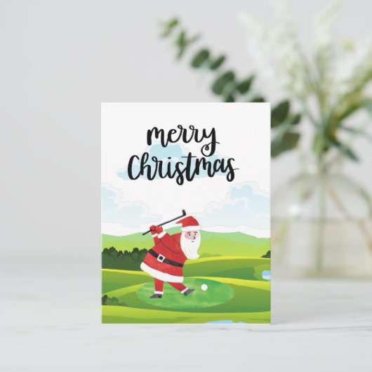 サンタクロースはクリスマス休暇でゴルフをしている ポストカード (スタンド正面)