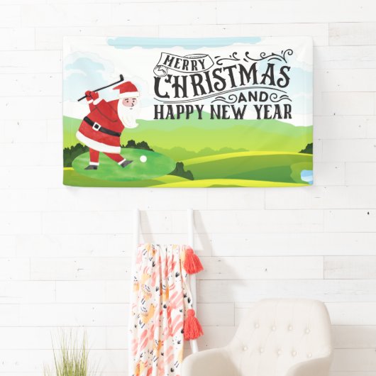 サンタクロースはクリスマス休暇でゴルフをしている 横断幕 (インサイチュ)