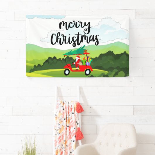 サンタクロースはクリスマス休暇でゴルフをしている 横断幕 (インサイチュ)