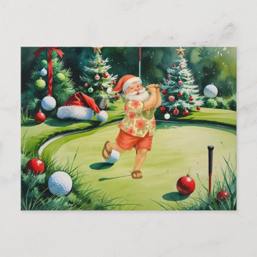 サンタクロースはグリーンを着てゴルフをしている シーズンポストカード (正面)