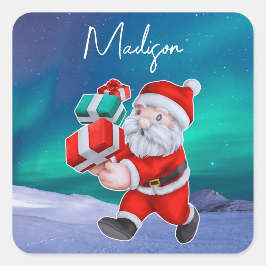 サンタクロースはノーザンライツクリスマスに向かう スクエアシール (正面)