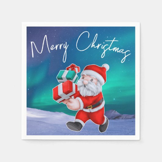 サンタクロースはノーザンライツクリスマスに向かう スタンダードカクテルナプキン (正面)