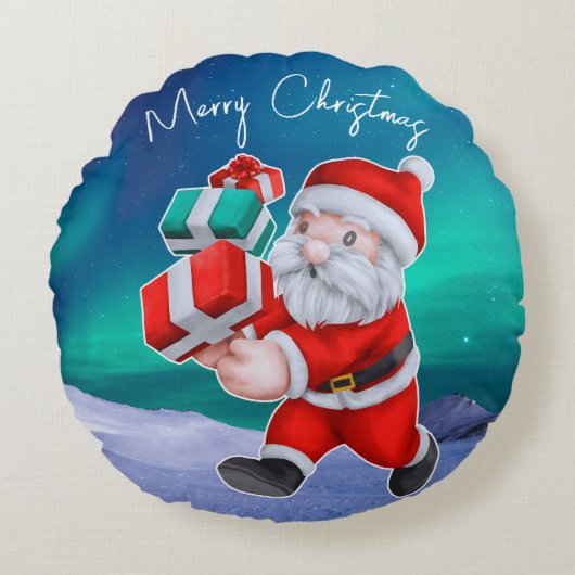 サンタクロースはノーザンライツクリスマスに向かう ラウンドクッション (正面)