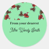 サンタクロースは緑色に滑る ラウンドシール (正面)