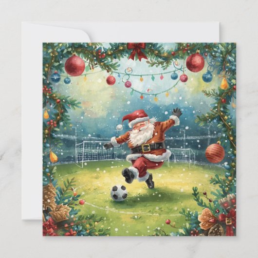 サンタクロースは遊クリスマスの競技場でサッカーをする カード (正面)