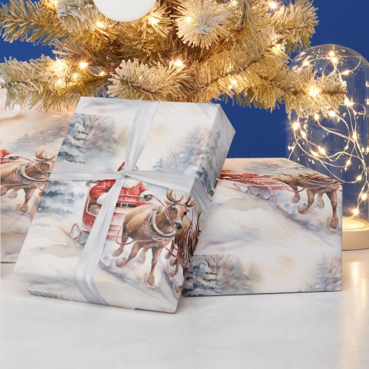 サンタクロースは雪の多い森を楽しげに乗り越える ラッピングペーパー (クリスマス)