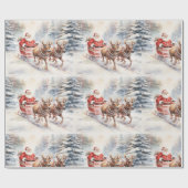 サンタクロースは雪の多い森を楽しげに乗り越える ラッピングペーパー (フラット)