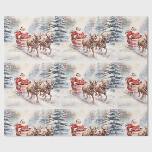 サンタクロースは雪の多い森を楽しげに乗り越える ラッピングペーパー (フラット)