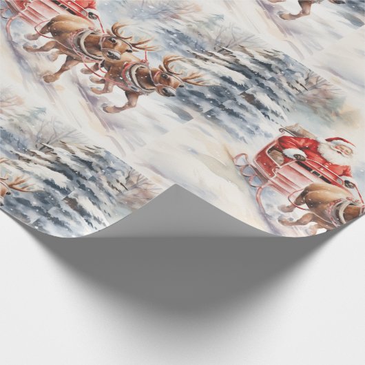 サンタクロースは雪の多い森を楽しげに乗り越える ラッピングペーパー (角)