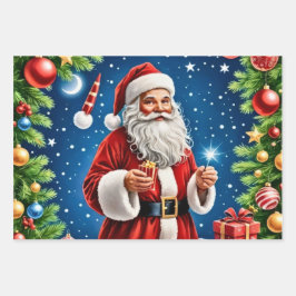 サンタクロースは雪景色の中で元気よく立っている。 ラッピングペーパーシート