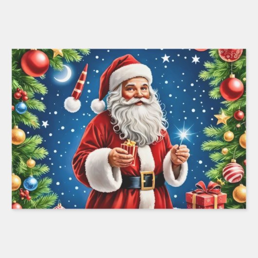 サンタクロースは雪景色の中で元気よく立っている。 ラッピングペーパーシート (正面)