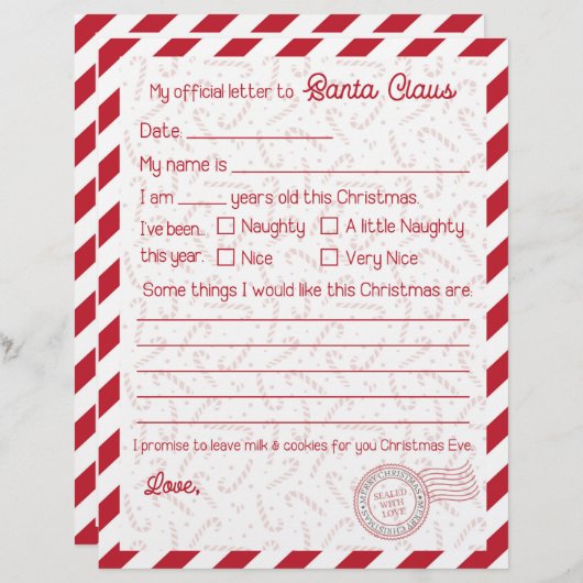サンタクロースへの赤キャンディーケーンレター文房具 (正面/裏面)