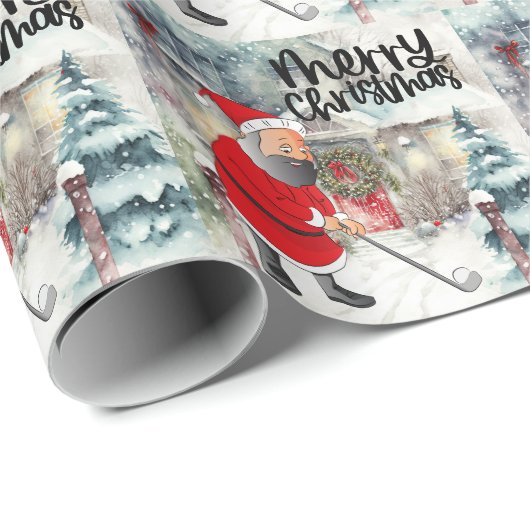 サンタクロースをゴルファーに迎えるゴルフのメリークリスマス ラッピングペーパー (ロールコーナー)
