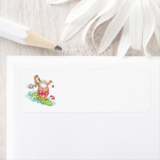 サンタクロースをサーフするヴィンテージのクリスマスの漫画 ラベル (インサイチュ)