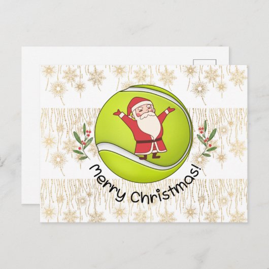 サンタクロースをボールに乗せたテニスのメリークリスマス ポストカード (正面/裏面)