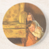 サンタクロースを待つヴィンテージのクリスマスの子供たち コースター (正面)