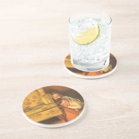 サンタクロースを待つヴィンテージのクリスマスの子供たち コースター (側面)