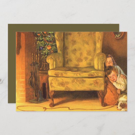 サンタクロースを待つヴィンテージのクリスマスの子供たち シーズンカード (正面/裏面)