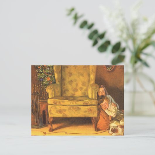 サンタクロースを待つヴィンテージのクリスマスの子供たち シーズンポストカード (スタンド正面)