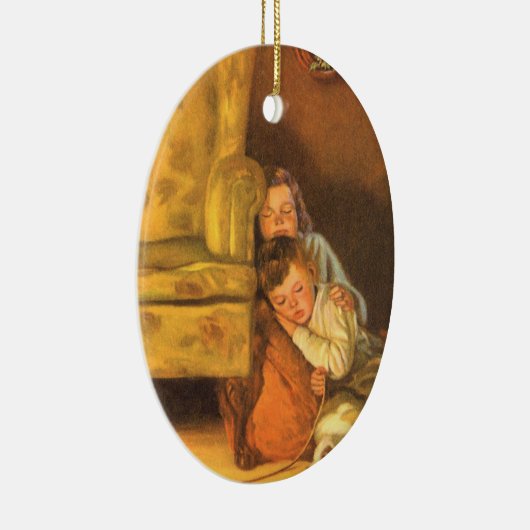 サンタクロースを待つヴィンテージのクリスマスの子供たち セラミックオーナメント (右)