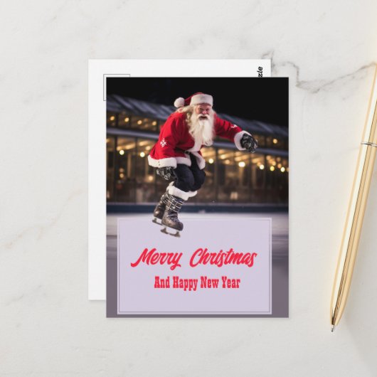サンタクロースアイススケートで滑る ポストカード (正面/裏面インサイチュ)
