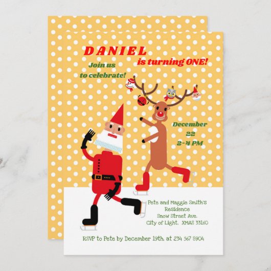 サンタクロースアンドルドルフスケートで滑るファースト誕生日 招待状 (正面/裏面)