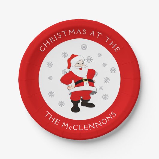 サンタクロースカスタム文字レッド縁ど紙プレート ペーパープレート (正面)