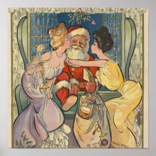 サンタクロースキスをするヴィンテージクリスマス ポスター