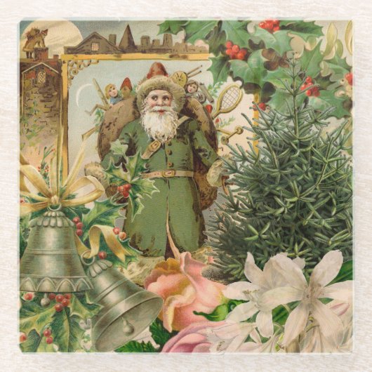 サンタクロースクリスマスアンティークビューティフルアート ガラスコースター (正面)