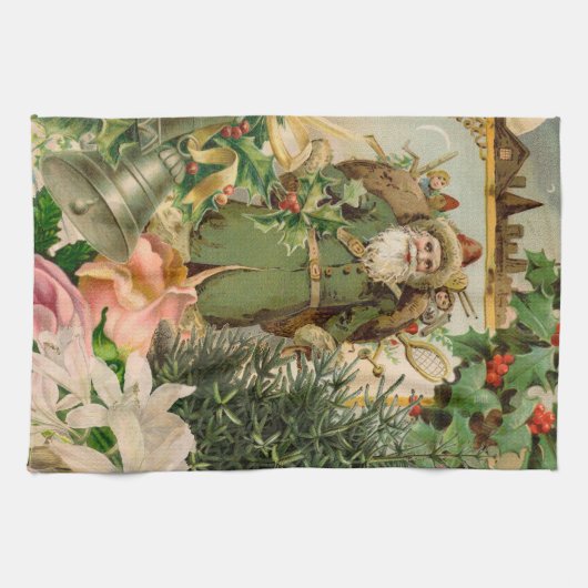 サンタクロースクリスマスアンティークビューティフルアート キッチンタオル (横)