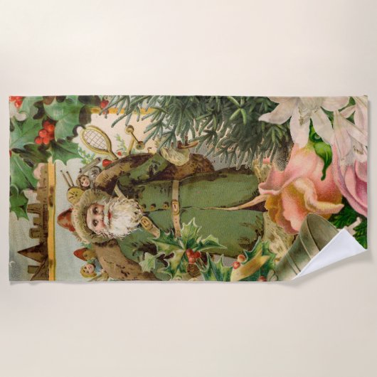 サンタクロースクリスマスアンティークビューティフルアート ビーチタオル (正面)