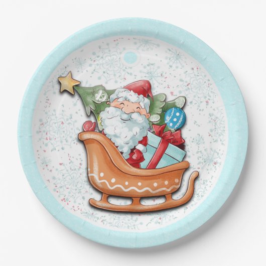 サンタクロースクリスマスツリーブルースノーフレーク ペーパープレート (正面)