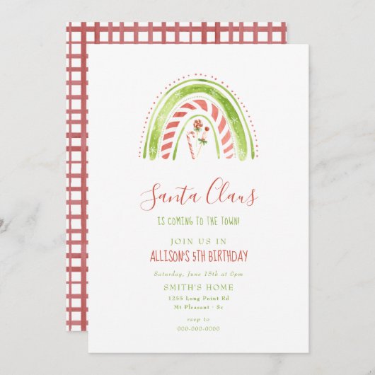 サンタクロースクリスマスレインボー子供の誕生日パーティー 招待状 (正面/裏面)