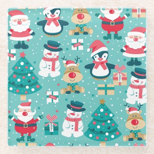 サンタクロースクリスマスヴィンテージパターン ガラスコースター (正面)